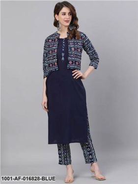 Indigo & White Printed Kurta Set With Embroidered Waist Coat