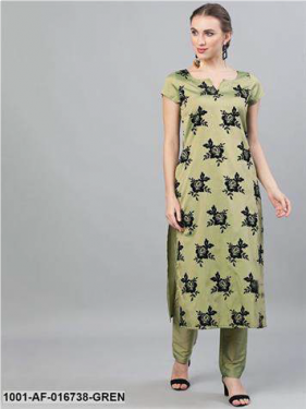 Green & Black Flock Printed Straight Kurta With Pant Set
