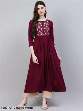 Embroidered Rayon Flared Kurta (Wine)