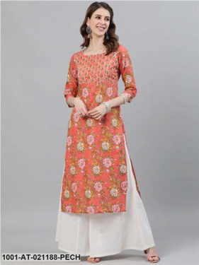 Peach Floral Printed Straight Kurta