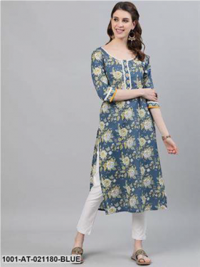 Blue Floral Printed Straight Kurta