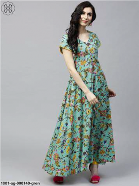 Green & Yellow Floral Printed Flared Anarkali