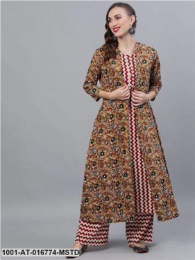 Mustard Kalamkari Printed jacket With Zig-Zag inner Kurta