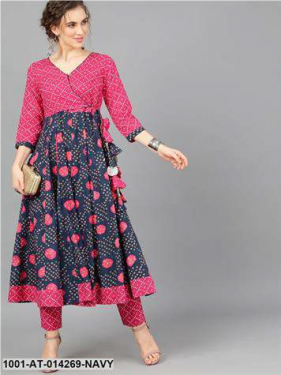 Navy Blue & Pink Bandhani Printed Angrakha Style Anarkali