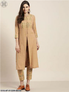 Beige Yoke Kurta With Floral Pencil Pants