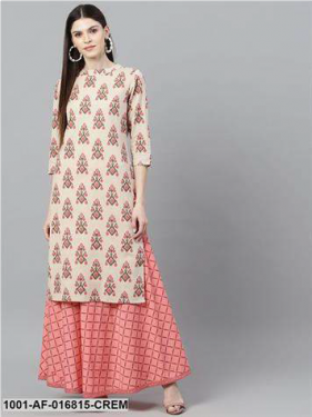 Cream & Pink Ikat Printed Kurta With Skirt Set