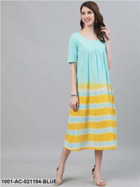 Blue & Yellow Tie and Dye A-Line Dress