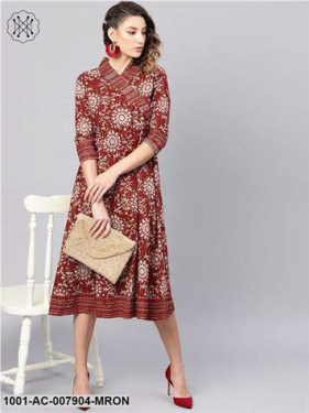Maroon Printed Wrap Collar Dress