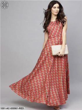 Red & Beige Printed Sleeveless Flared Maxi