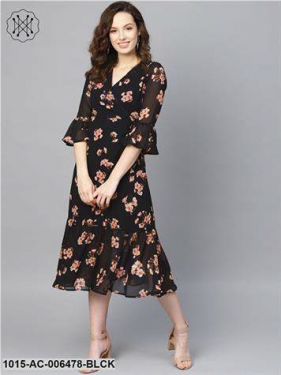 Black Floral Wrap Tie Dress