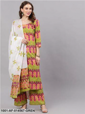 Green Ikat Print Kurta Palazzo Set With Dupatta