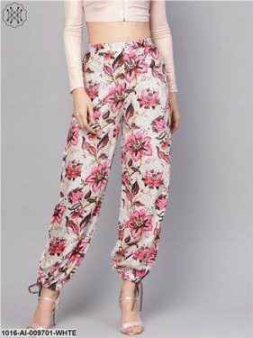 White & Chocolate Brown Printed Palazzo With Drawstring At Bottom