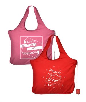 IVILLAGE Reusable and Foldable Heavy Duty Microfiber Grocery and Vegetable Shopping Bag | Tote Hand bag | Travel Bag | Grocery Bag | Heavy Duty, Washable, Eco Friendly | Compact, Lightweight and Convenient in Red and Pink (Pack of 2)