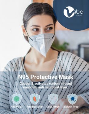 Vibe N95 Protective Mask (Copper Infused Nano Film 6 Protective Layer- BFE & PFE ≥ 98% - UV Sterilized (Pack of 5)